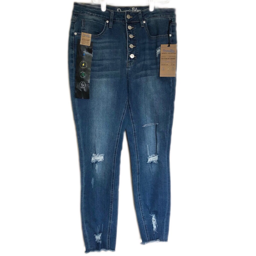 Organic Blue | High Waist Button Front Skinny Jeans NEW